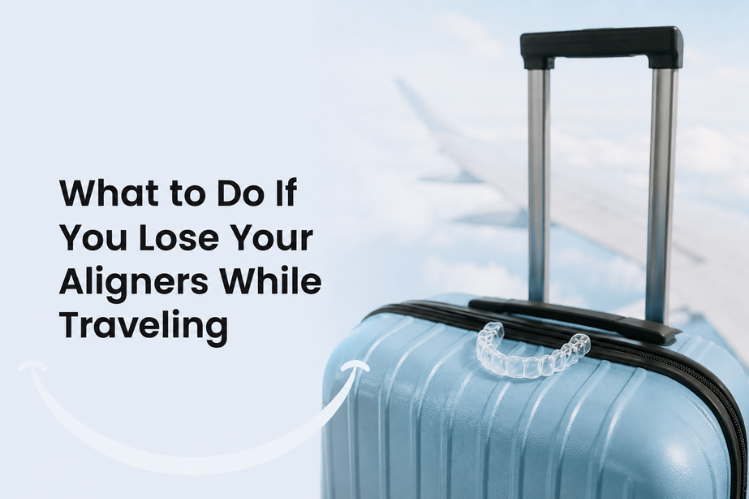 A clear aligner resting on a blue suitcase.