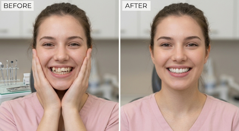 A split-screen comparison of face before and after using clear aligners.
