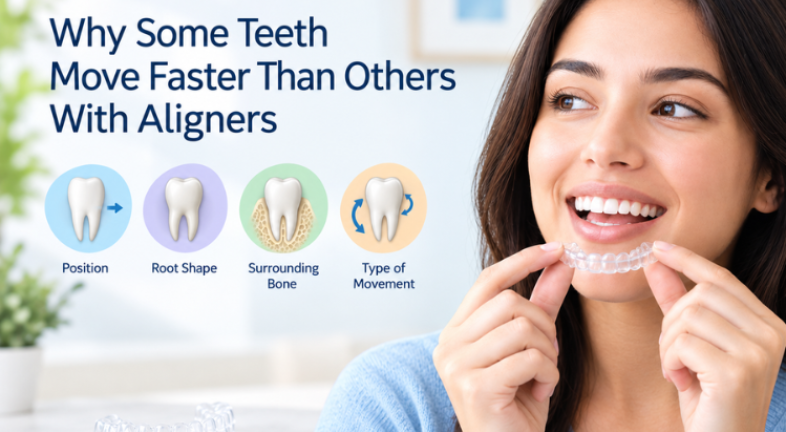  Woman holding clear aligner for tooth movement.
