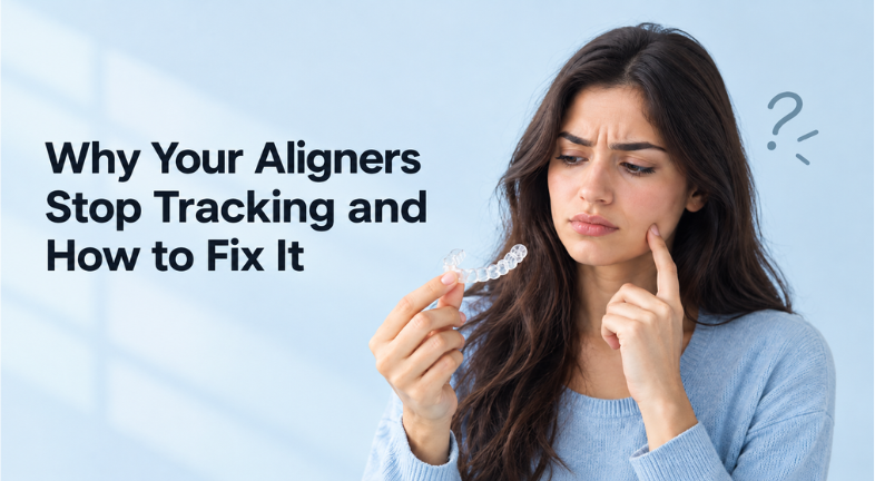A woman examining a clear aligner tray with a confused expression.