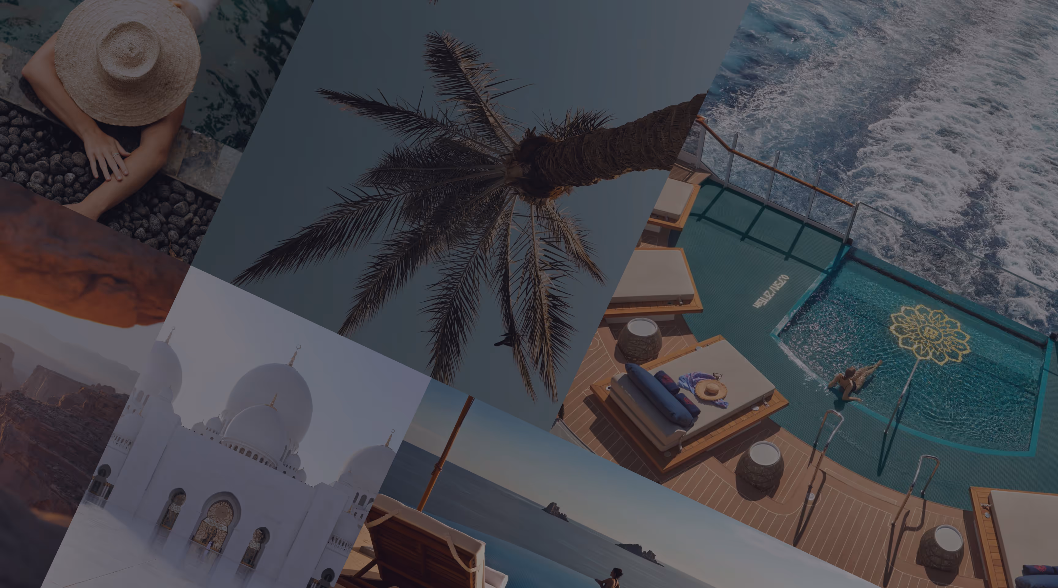 Elite Cruising and Tours. Travel set presenting cruise, airplane, palm trees, Arabic temple, lady with a straw hat in a pool and desert mountains with sunset.