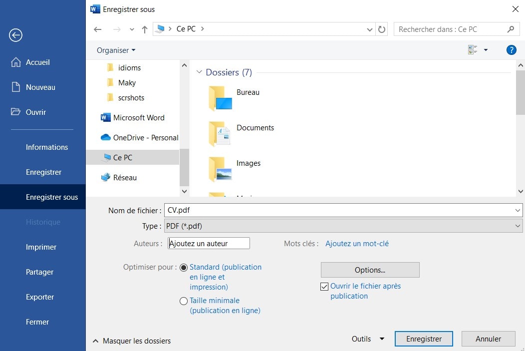 screenshot de la méthode "Enregistrer sous PDF" sur Word