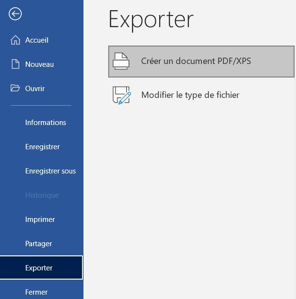Capture d'image de la méthode Exporter sous Word