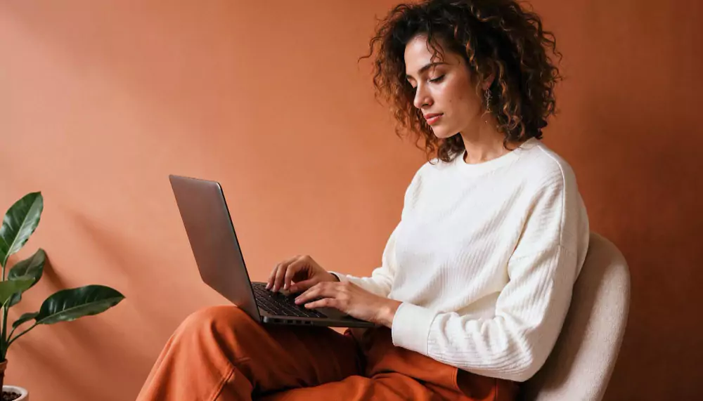 Femme concentrée utilisant un ordinateur portable assise sur un fond orange