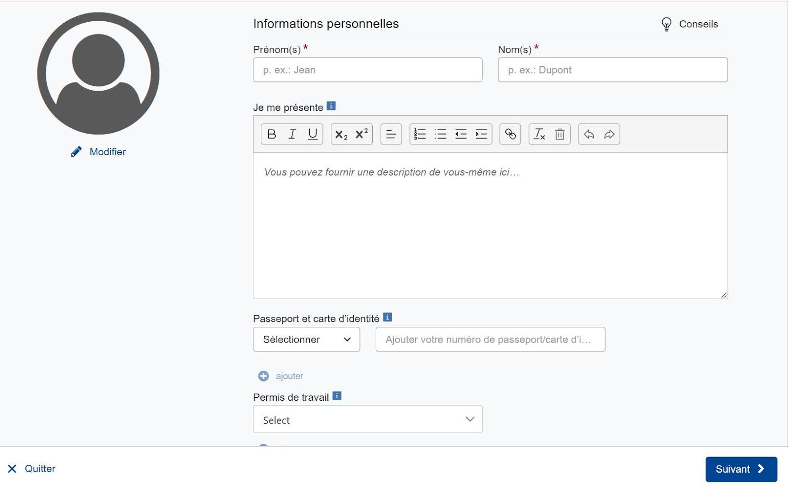Remplissage information personnel