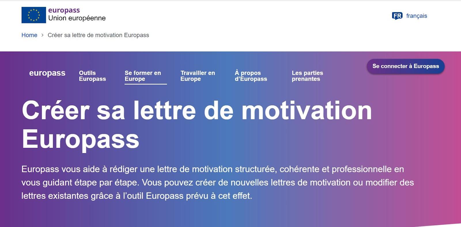 Fenêtre Europass pour la lettre de motivation