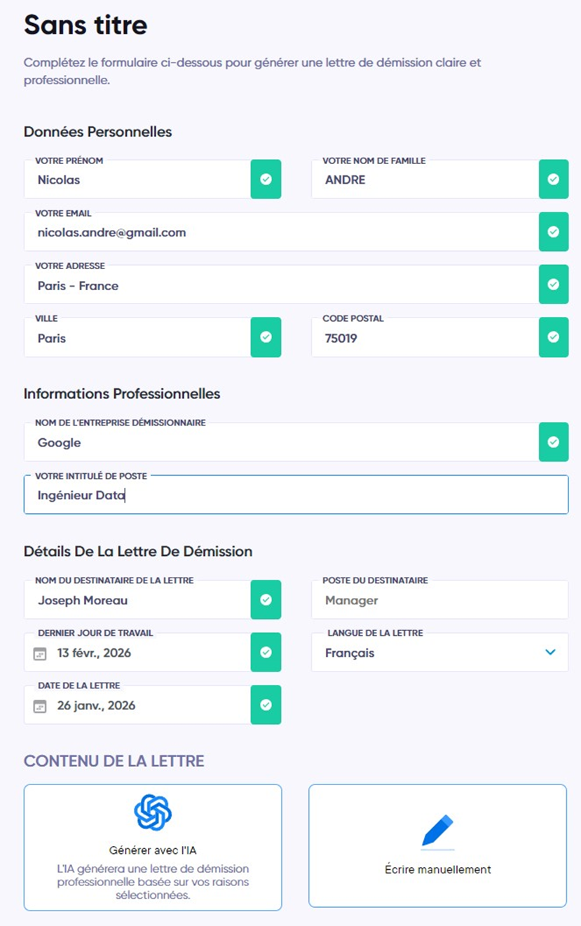 Formulaire de démission du générateur IA