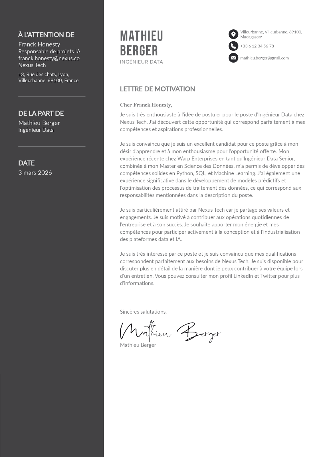 Exemple de lettre de motivation IA en français