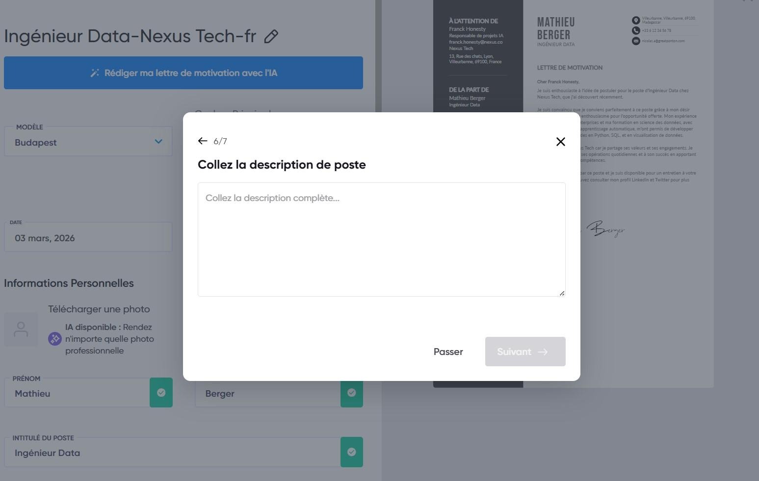 Générateur de lettre de motivation IA personnalisée