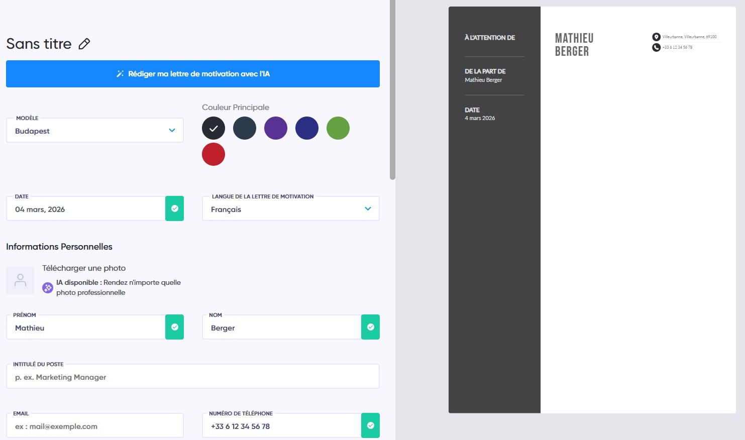 Création et personnalisation de lettre de motivation automatique en ligne