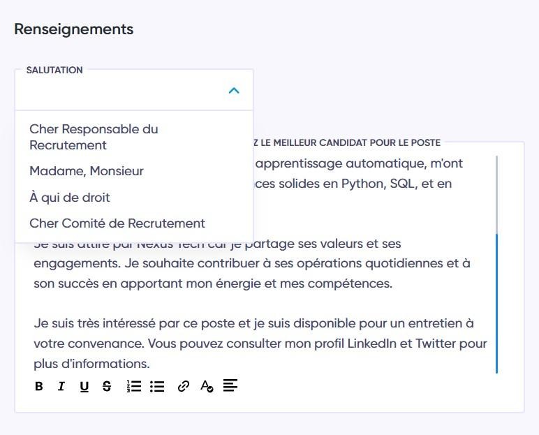 Génération automatique de lettre de motivation personnalisée