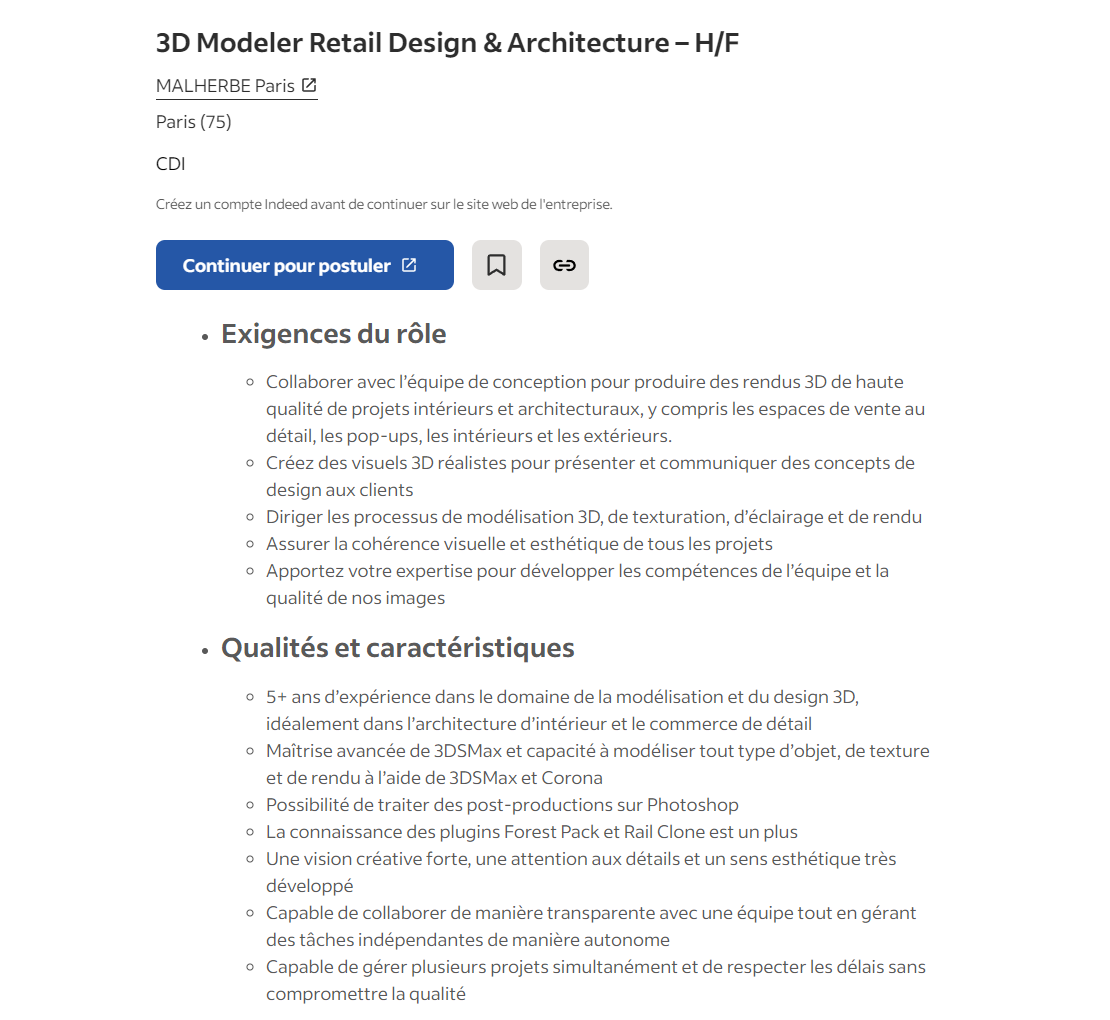 Partie Exigences du poste et Qualités d'une offre d'emploi de Modeleur 3D 