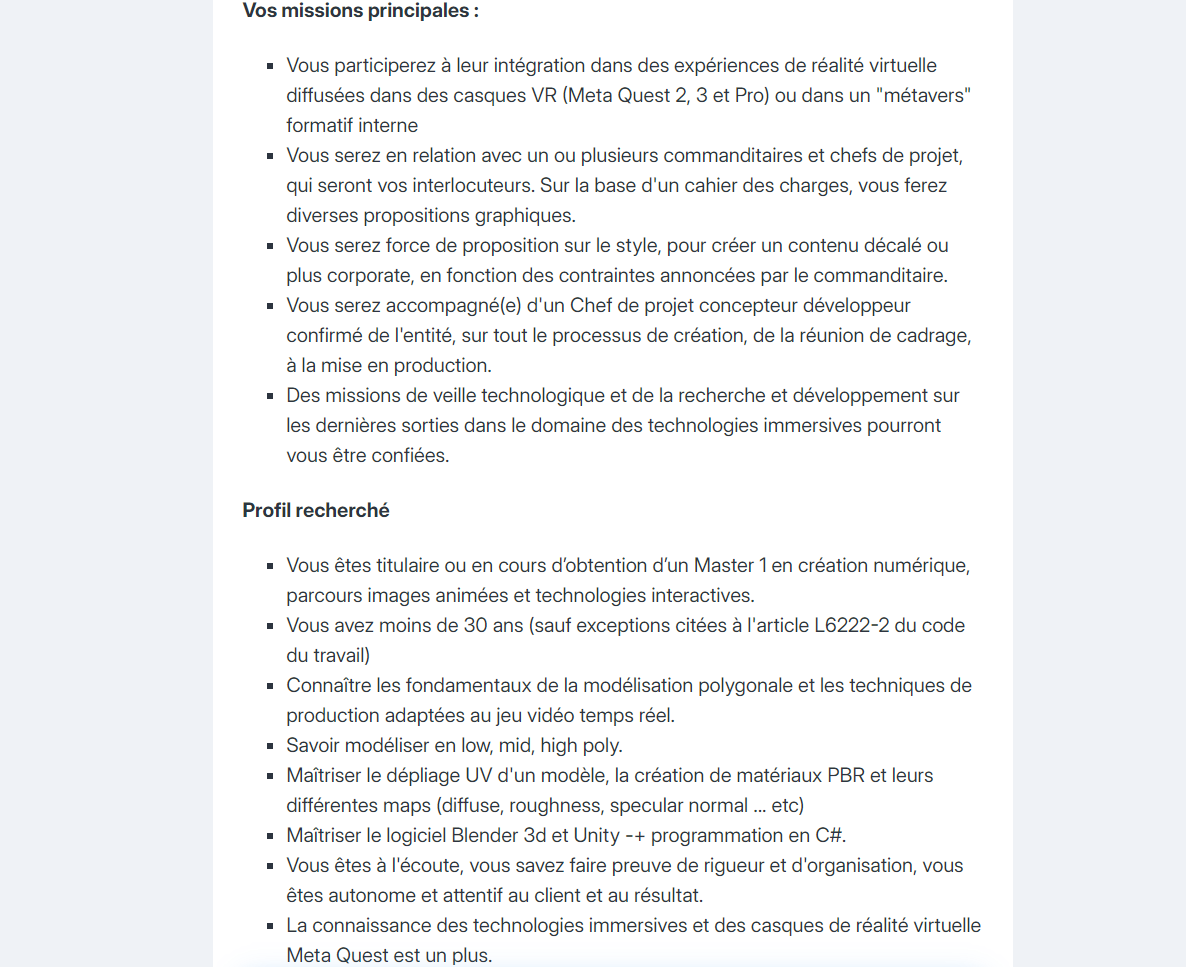 Parties Missions et Profil recherché d'une offre d'emploi de designer 3D 