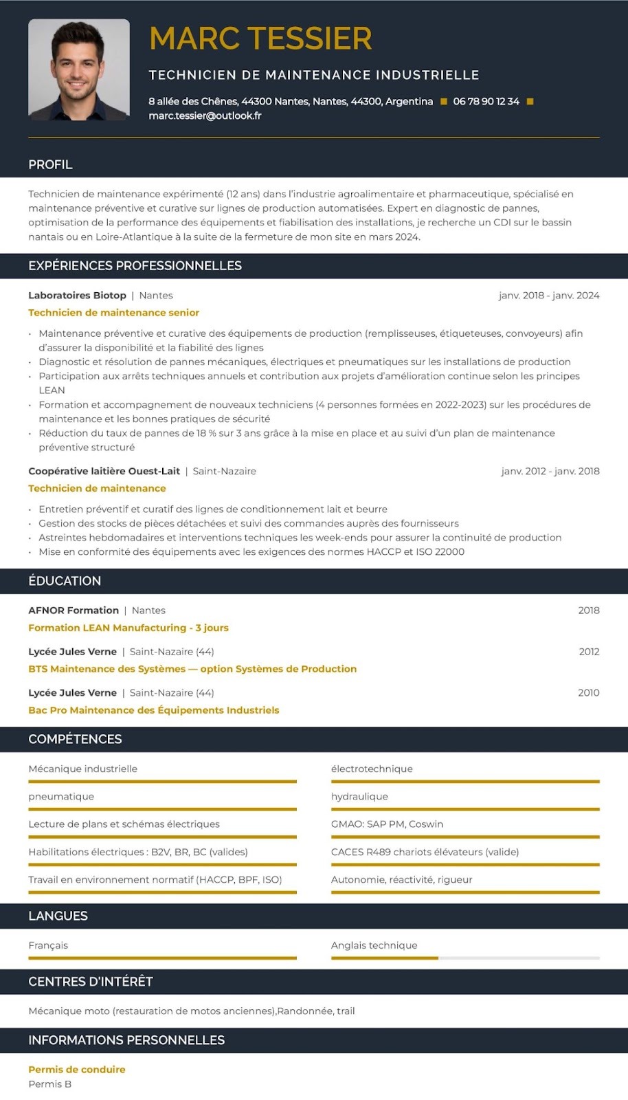 Exemple de CV Pôle Emploi - Profil expérimenté / reconversion