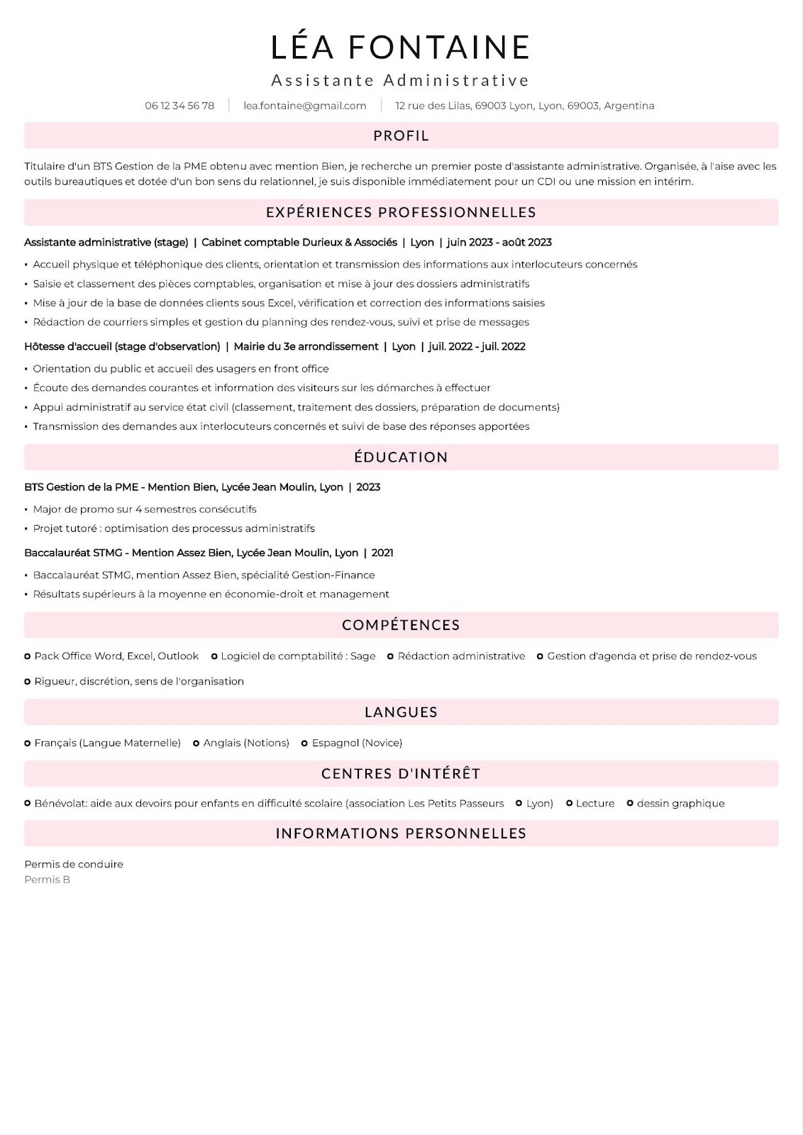 Exemple de CV pour débutant / premier emploi