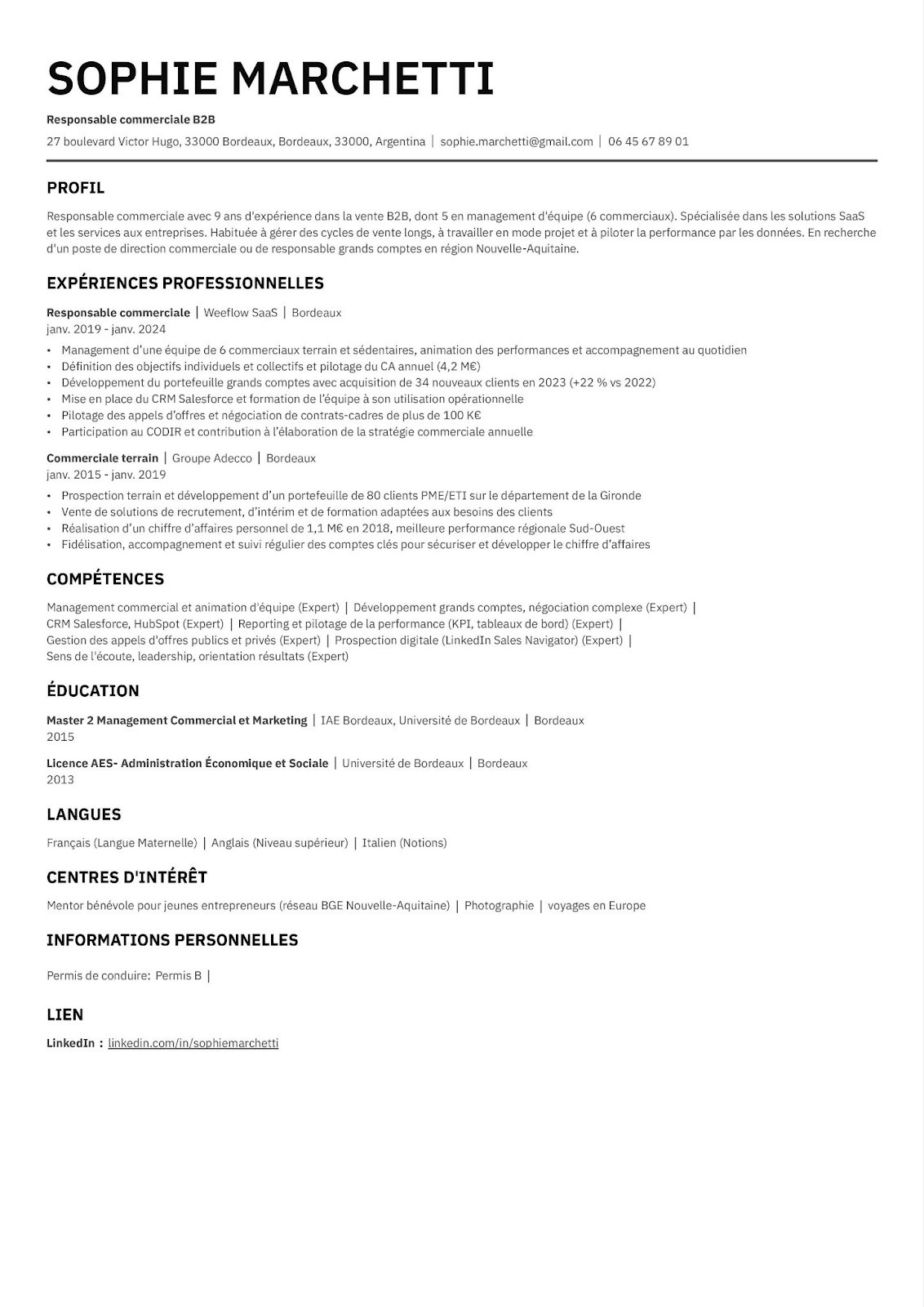 Exemple de CV pour profil cadre / management France Travail