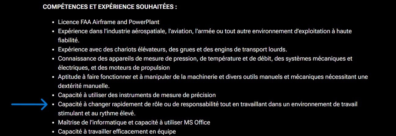 partie Compétences d'une offre d'emploi SpaceX avec un accent sur l'adaptabilité