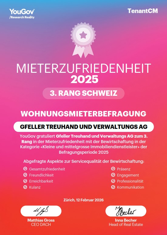 Zertifikat von YouGov für den 3. Platz in der in der Kategorie "Kleine und mittelgrosse Immobiliendienstleister in der Schweiz"