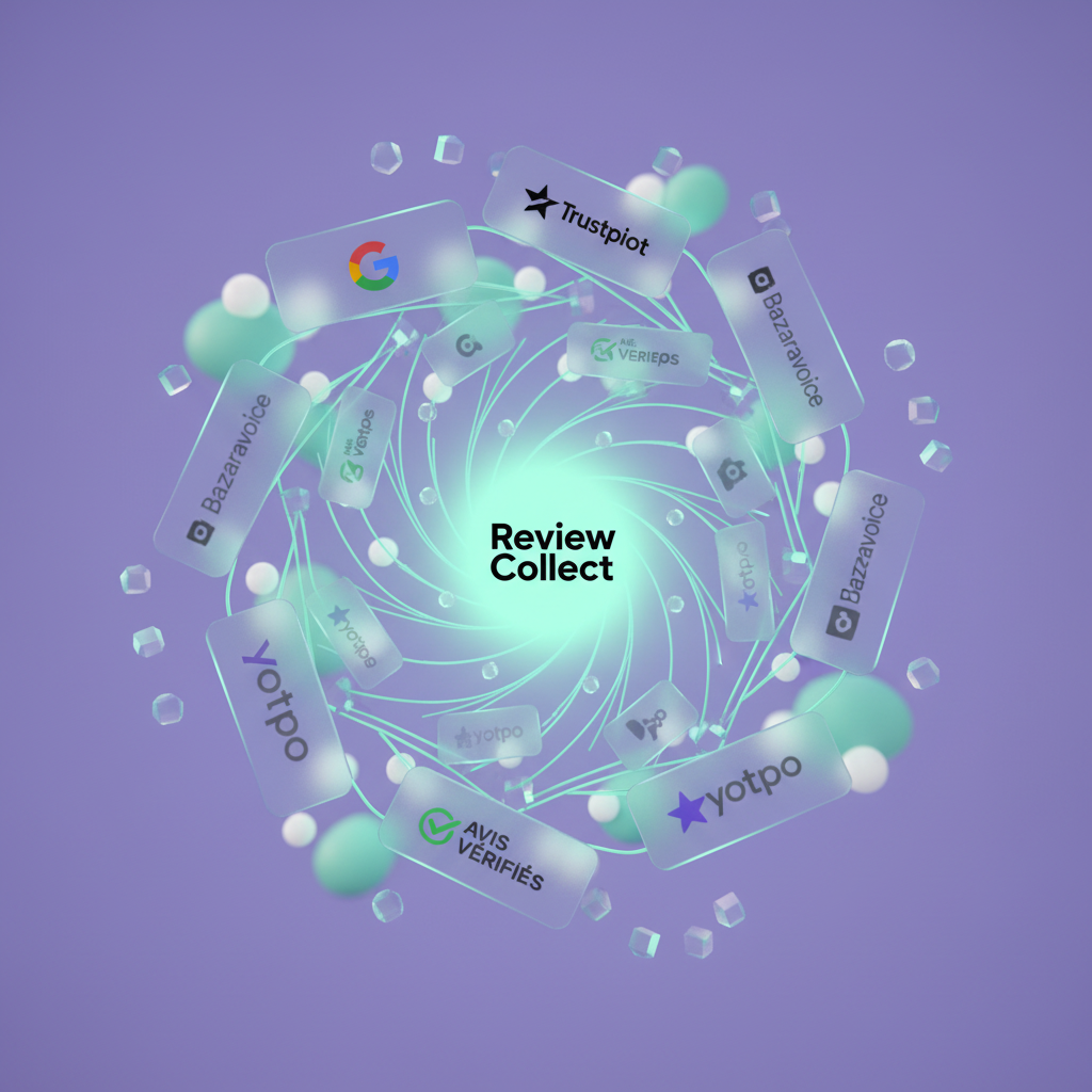 Vortex convergent glassmorphism avec logos Google Trustpilot Yotpo Bazaarvoice vers dashboard centralisé Review Collect fond periwinkle