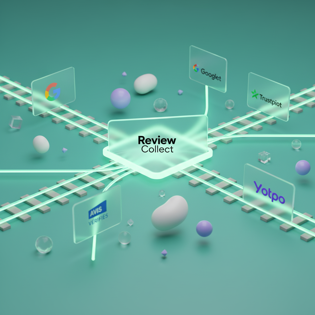 Aiguillage 3D glassmorphism avec rails lumineux mint distribuant avis vers Google Trustpilot Yotpo Review Collect fond mint