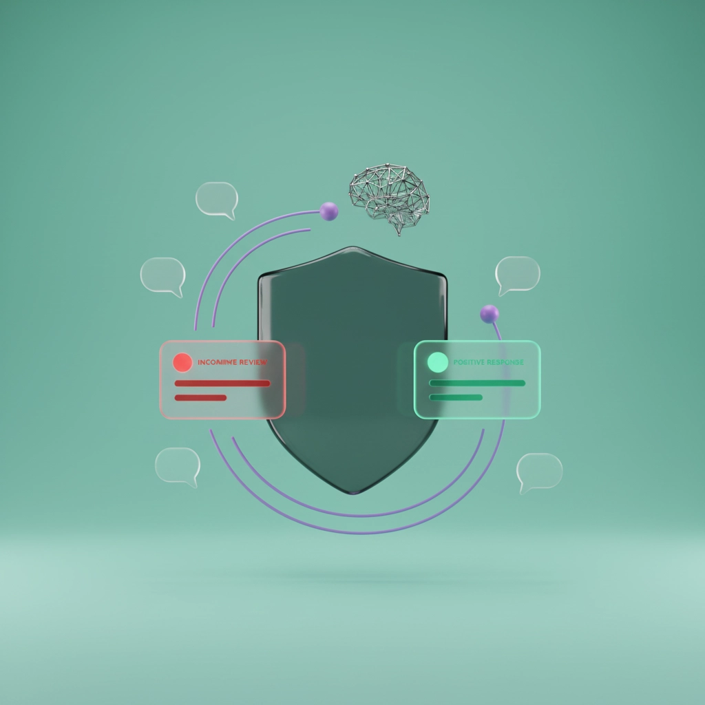 Composition 3D workflow IA avec bouclier interceptant avis négatif et réponse automatique sur fond mint green Review Collect