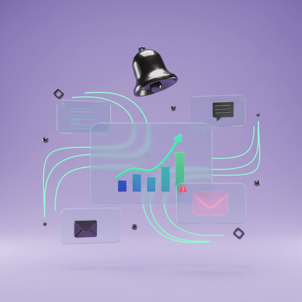 Composition 3D cartes rapport et alertes notifications flottantes avec cloche et flux données sur fond lavender Review Collect