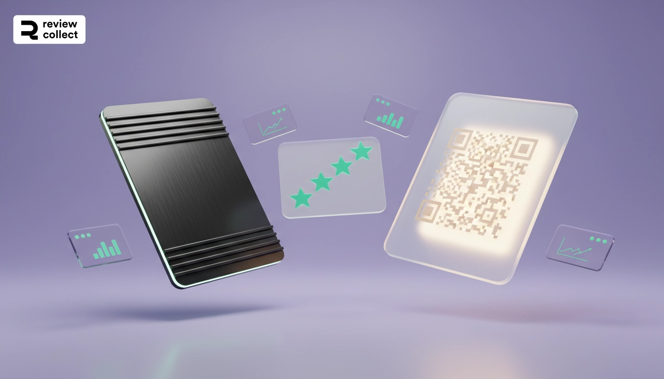 Plaque NFC métallique et QR code holographique en duel 3D avec cartes glassmorphism et étoiles Google mint green, visuel blog Review Collect