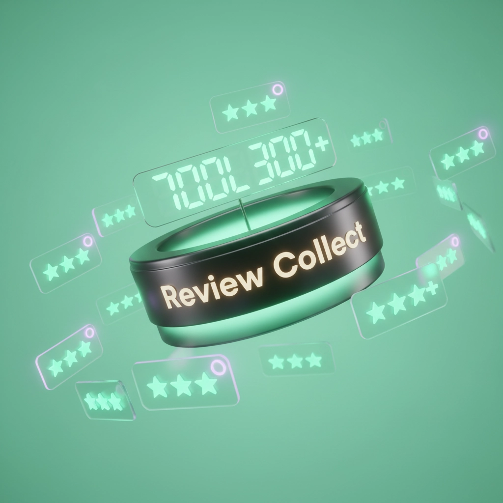 Compteur 3D métallique entouré de cartes d'avis glassmorphism flottantes, étoiles mint green, visualisant la multiplication des avis Google par 30.