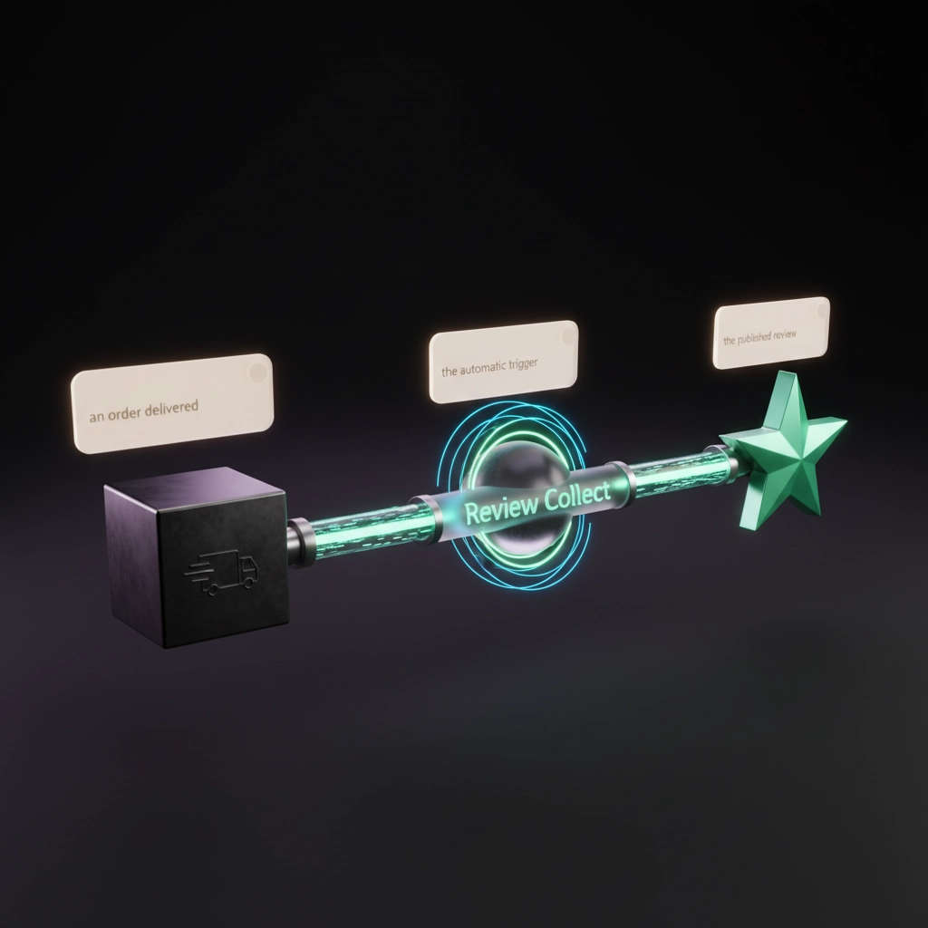 Pipeline 3D premium reliant commande livrée, déclencheur automatique et étoile       publiée, tubes lumineux mint green, style glassmorphism fond noir.