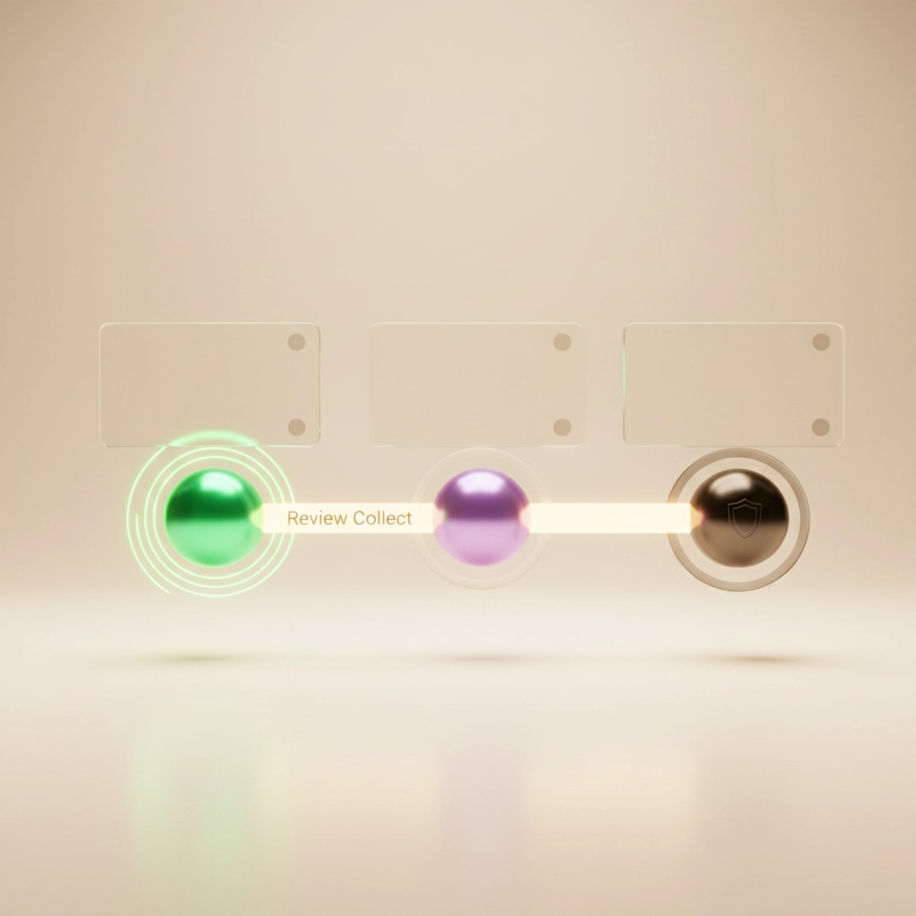 Timeline 3D premium trois sphères métalliques mint, lavande et dark reliées par       un rail lumineux, illustrant la séquence de relances automatiques intelligentes.