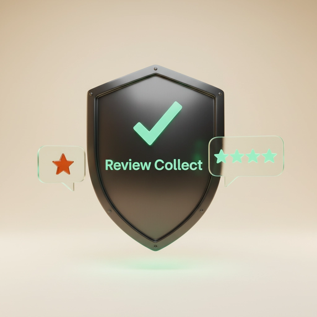 Bouclier 3D premium métal sombre interceptant un avis négatif rouge et générant une réponse professionnelle glassmorphism mint green, fond crème.