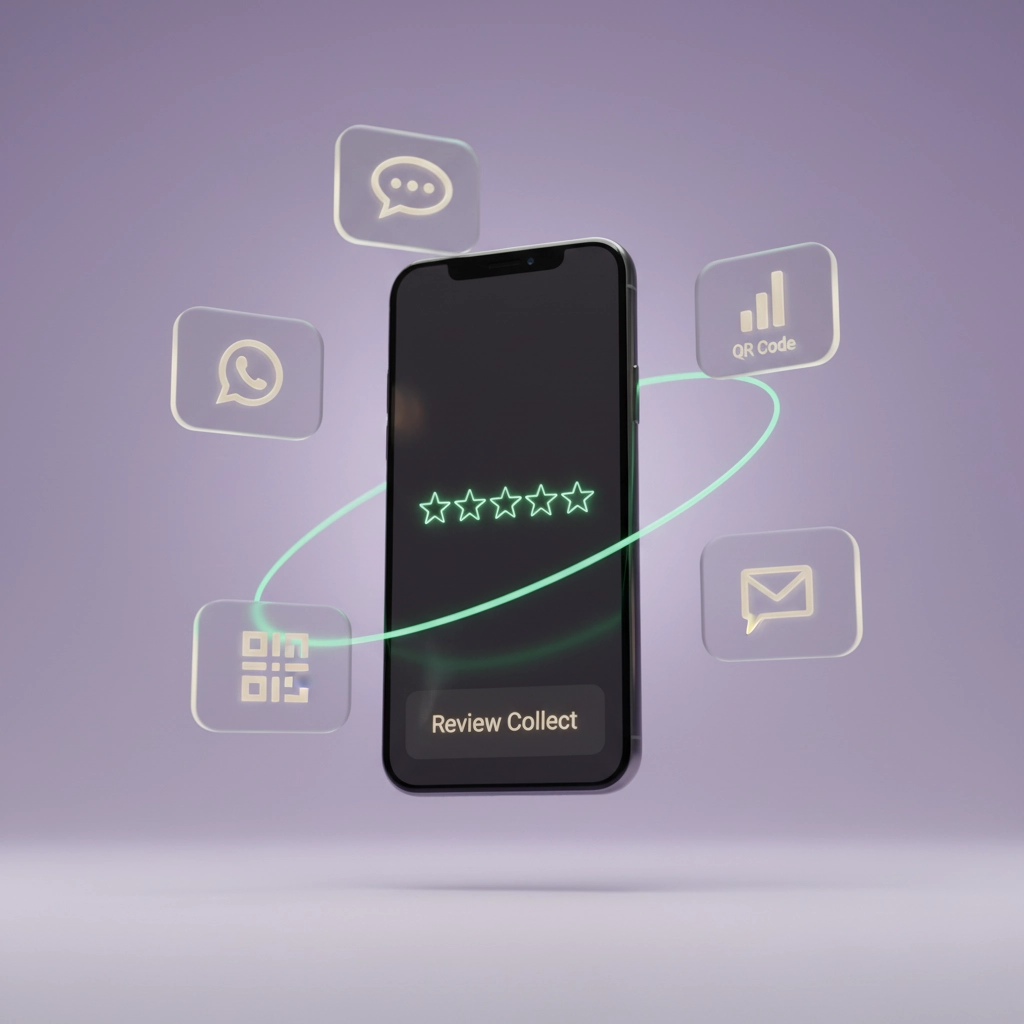 Smartphone premium 3D entouré de cinq cartes glassmorphism représentant       WhatsApp SMS Email QR Code RCS reliées par des flux mint green sur fond lavande.