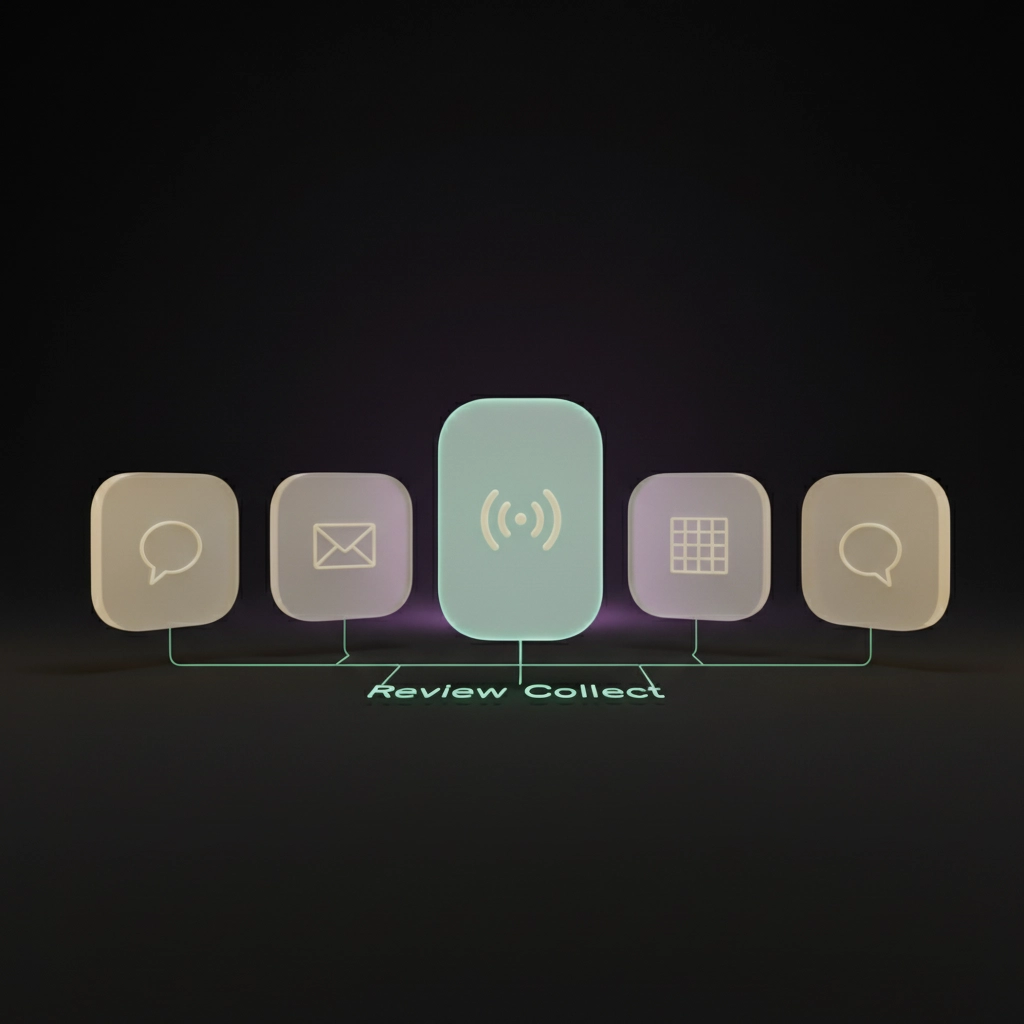 Cinq cartes glassmorphism en formation vague à hauteurs différentes représentant       les canaux de collecte avec la carte optimale mint green dominante sur fond noir.