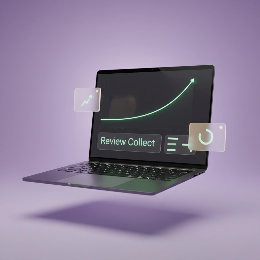 Laptop premium 3D avec dashboard analytique courbe mint green et cartes glassmorphism flottantes illustrant le suivi réputation en temps réel fond lavande.