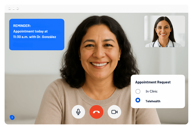 Smiling woman making an online payment for a Luna Health invoice using a credit card, with invoice amount and payment method options displayed on screen