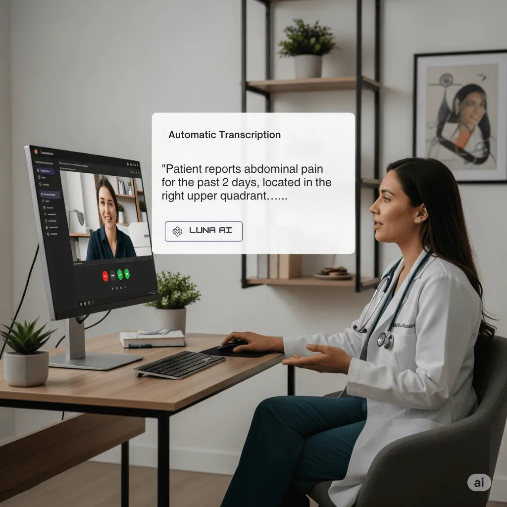 Doctor in teleconsultation with Luna Health AI showing automatic transcription in Spanish about the patient’s abdominal pain