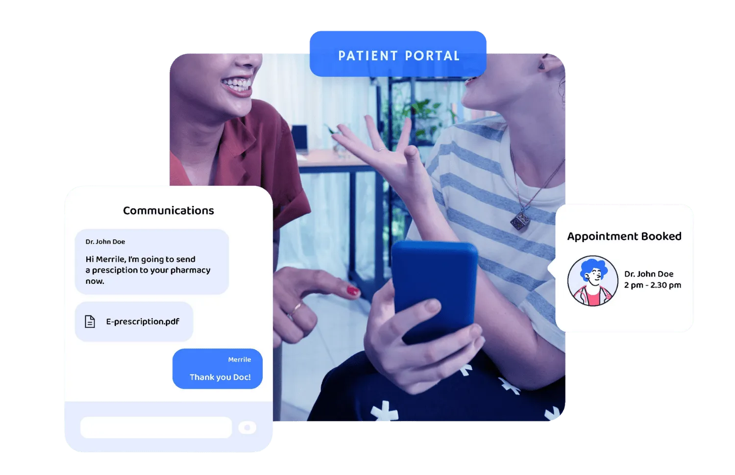 Patient portal showing communication between patient Merrile and Dr. John Doe about prescription sent to pharmacy