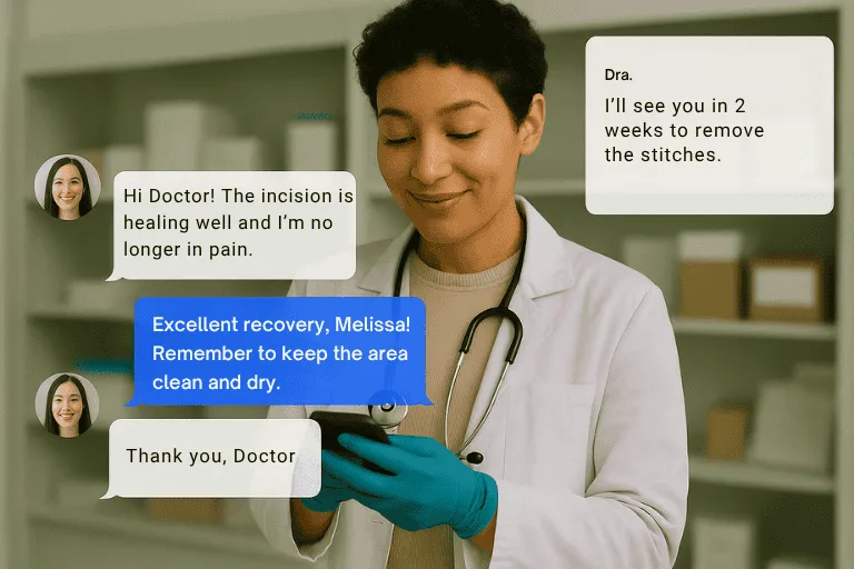 Telemedicine conversation between doctor and patient via text messages for post-surgery follow-up. Female doctor using smartphone to communicate about healing progress, stitches, and care instructions. Modern digital healthcare and remote patient monitoring.