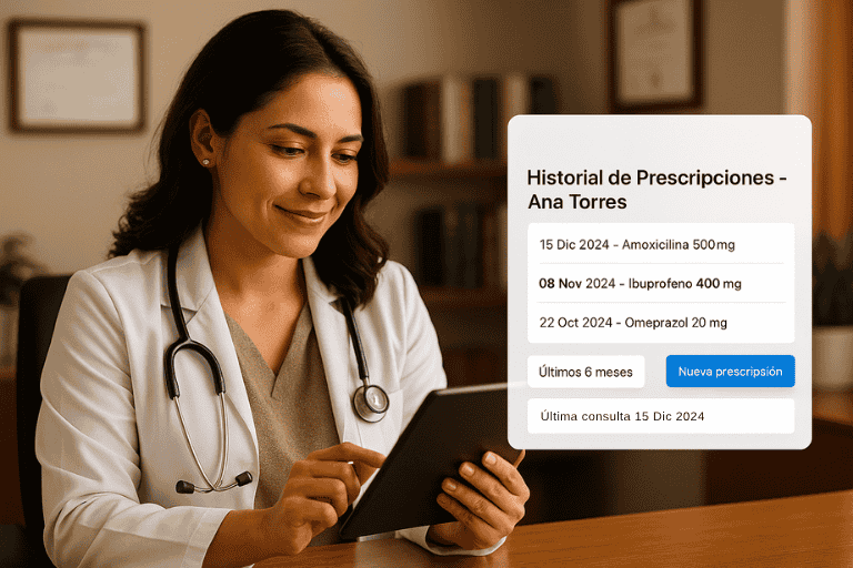 Hispanic female doctor reviewing patient's electronic prescription history on a tablet using Luna Health software – organized medication records for improved continuity of care