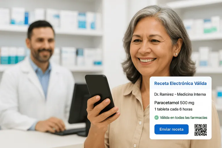 Mujer hispana usando su celular en la farmacia para mostrar una receta electrónica válida con el software Luna Health – prescripciones digitales seguras aceptadas en todas las farmacias
