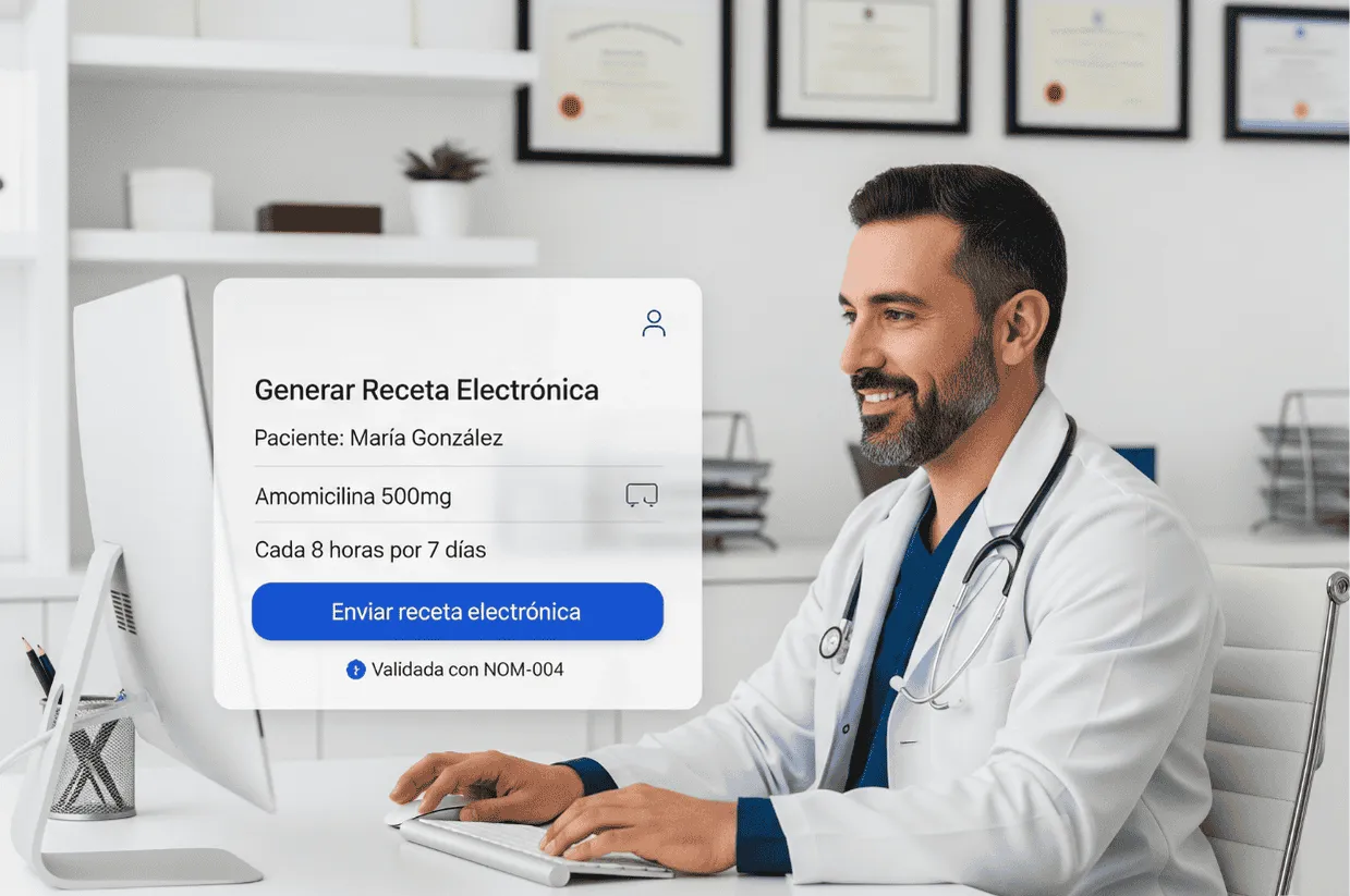 Médico generando una receta electrónica para un paciente con software médico en consultorio moderno – sistema de prescripción digital 