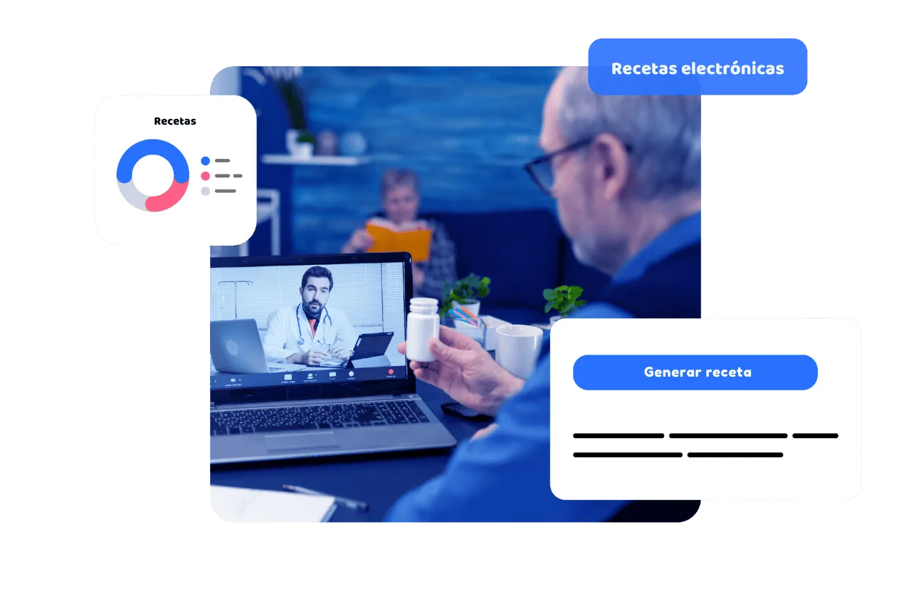 Paciente mayor muestra medicamento durante consulta de telemedicina en laptop; médico genera receta electrónica con software Luna Health, gráfico de recetas y botón “Generar receta” destacados