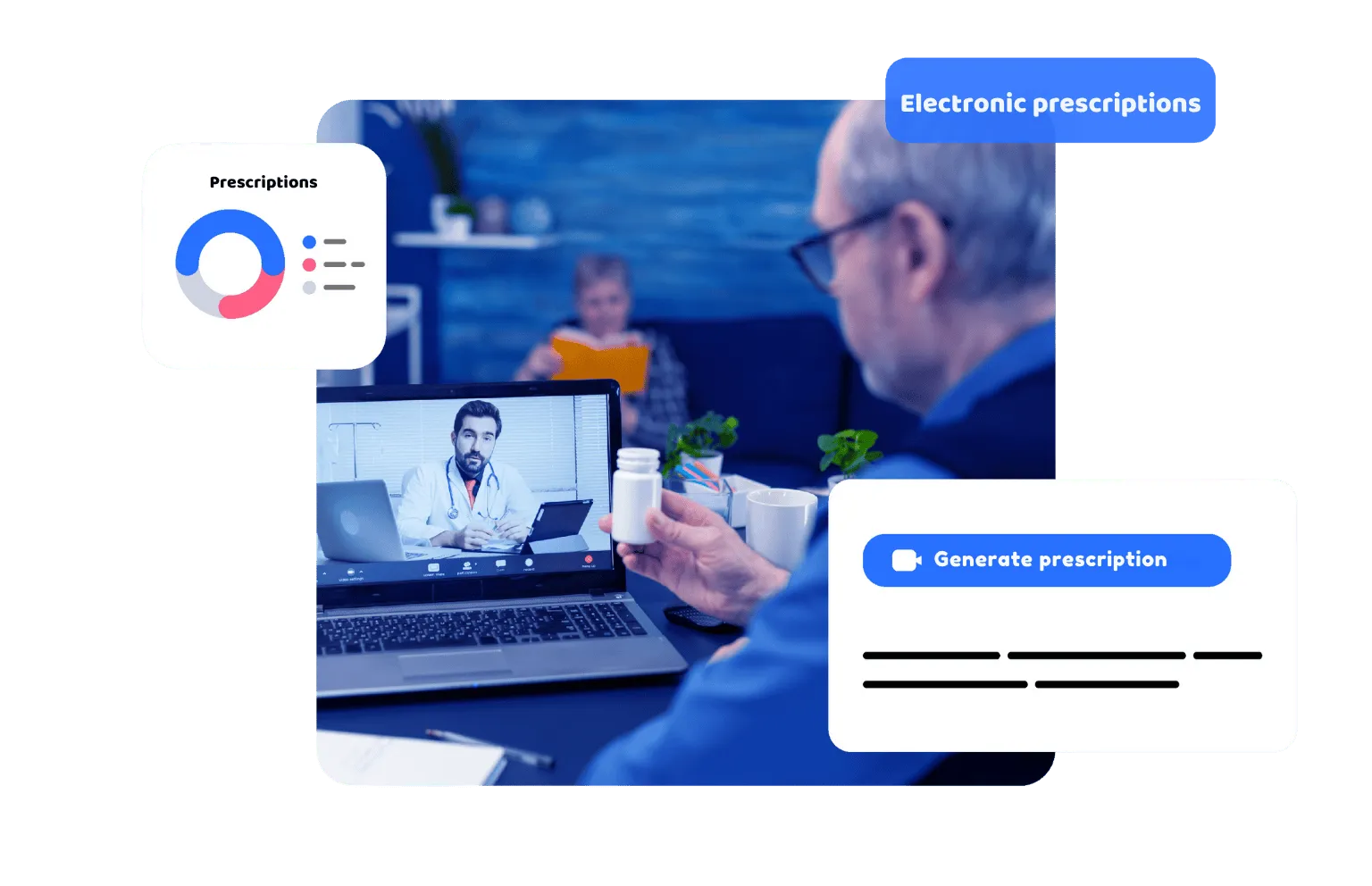 Senior patient shows medication during a telemedicine call on laptop while doctor uses Luna Health software to generate an electronic prescription; includes prescription stats graphic and blue “Generate prescription” button