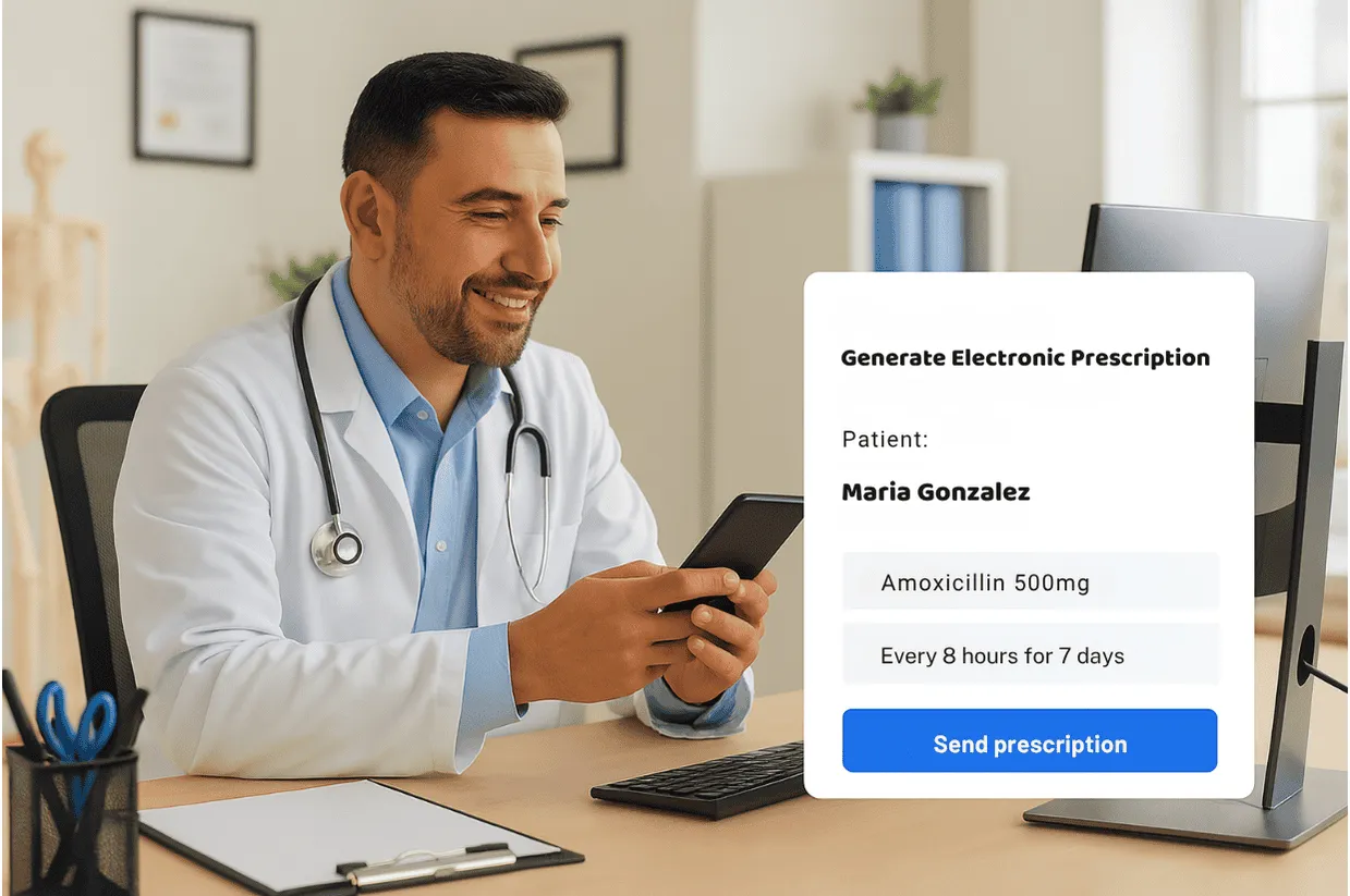 Male doctor in modern clinic using Luna Health software to generate an electronic prescription for patient Maria González—Amoxicillin 500 mg every 8 hours for 7 days