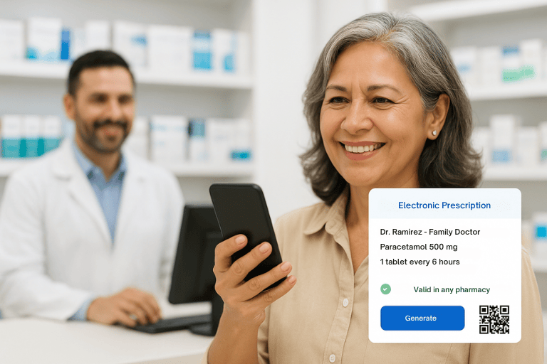 Smiling woman making an online payment for a Luna Health invoice using a credit card, with invoice amount and payment method options displayed on screen