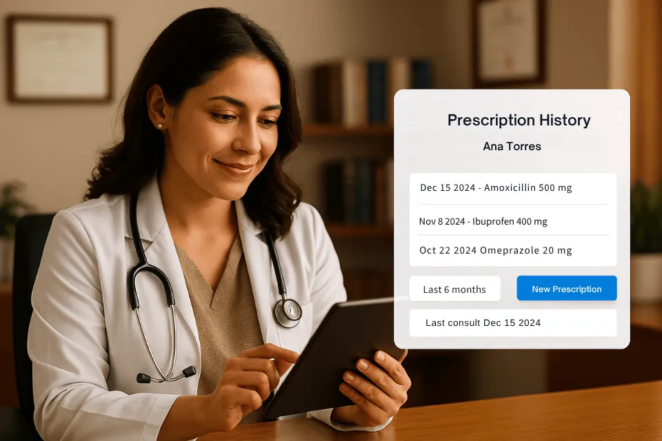 Hispanic female doctor reviewing a patient’s prescription history on a tablet using Luna Health medical software. The digital interface shows organized medication records for better treatment continuity.