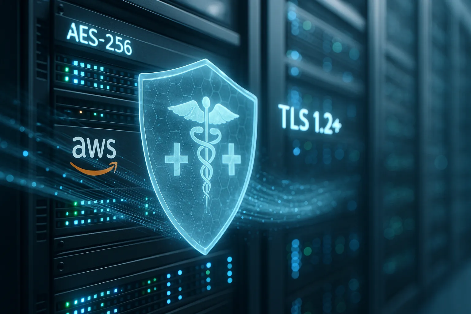 Escudo de seguridad médica frente a servidores AWS con cifrado AES-256 y TLS 1.2+, que cumple NOM 024, ISO 27001, HIPAA y SOC 2