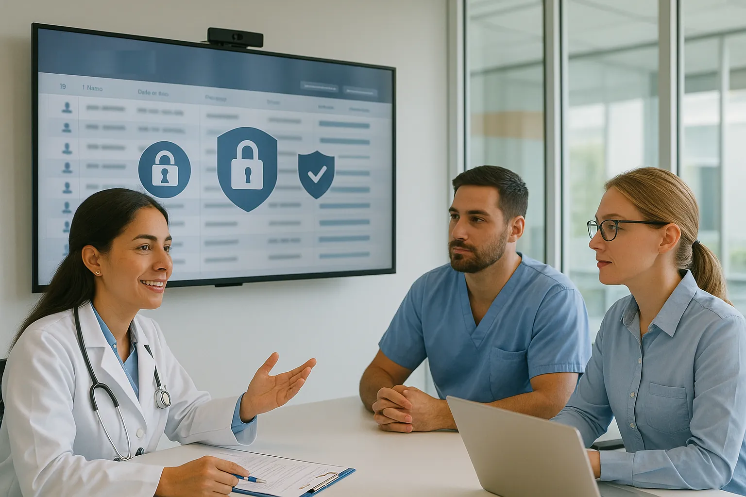 Equipo médico colabora usando el software Expediente Clínico Electrónico de Luna Salud, con telemedicina cifrada y cumplimiento NOM 024 en México.