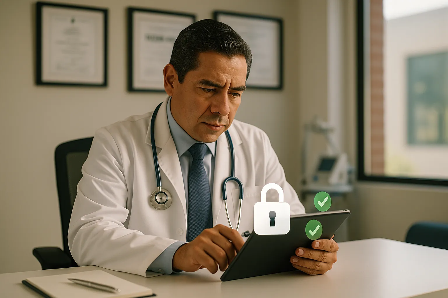 Doctor usando el software Luna Salud en tablet con candado que simboliza encriptación AES-256 y TLS 1.2+, cumpliendo NOM 004 y NOM 024 para expediente clínico electrónico seguro