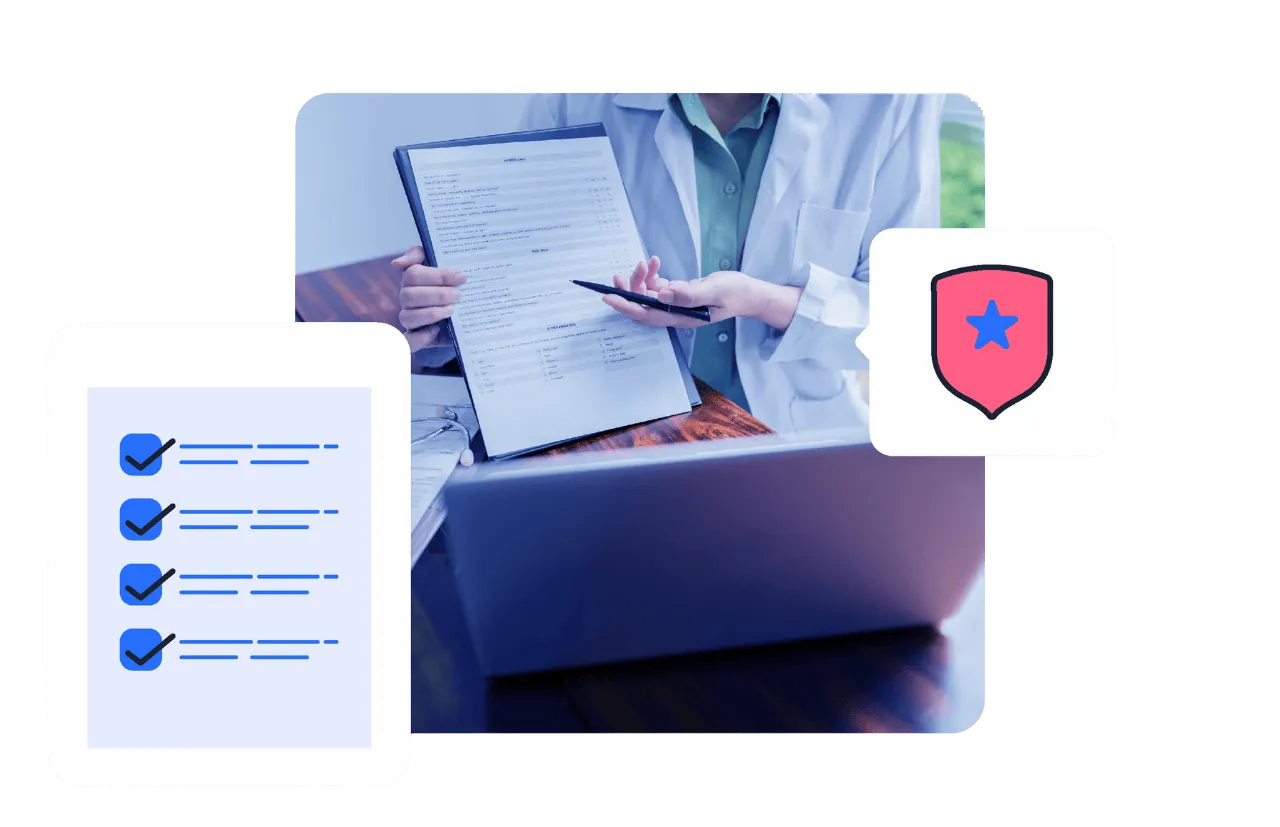 Checklist de cumplimiento NOM 024 mostrado por médico en laptop, con escudo de seguridad de Luna Salud